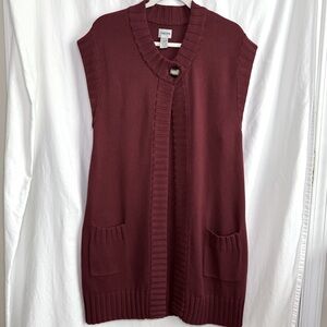 CHICO’s Long Cardigan Sleeveless Burgundy Chunky Sweater One Button Vest Size L
